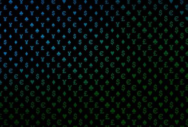 Koyu mavi, üzerinde kart sembolü olan yeşil vektör deseni. Kalplerin, maça, sinek ve elmasların işaretleriyle renkli bir değişim. Vegas 'ta parti ilanları, etkinlikler.