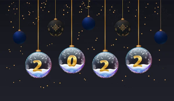 2022 Manifesto di Capodanno. Sfondo scuro. Bandiere natalizie con palline di vetro con numeri e neve. Modello di design volantino — Vettoriale Stock