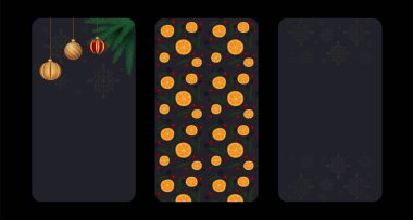 Socila medya reklamları için yeni yıl dikey afişleri koleksiyonu. Noel broşürleri tasarım varyasyonları. El çizimi desen