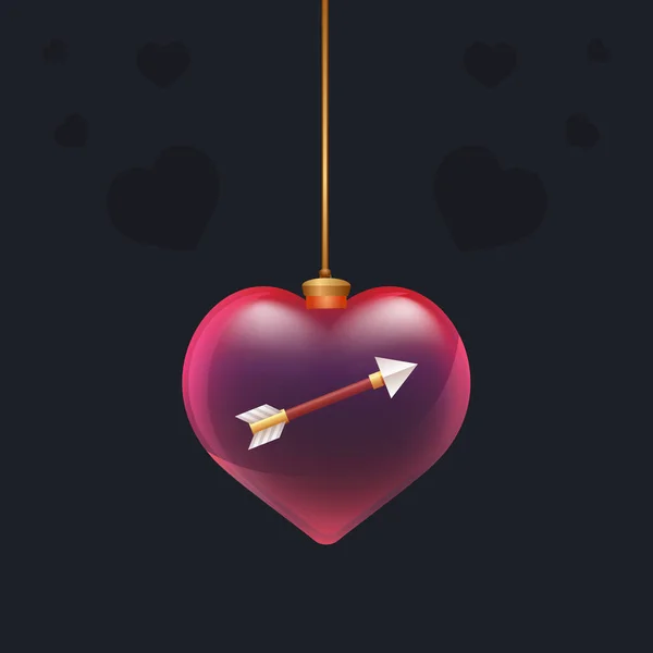 Rood glazen hart met een 3D pijl binnenin. Valentijnsdag decoratie element voor ontwerp kaart, invintation of enige reclame — Stockvector