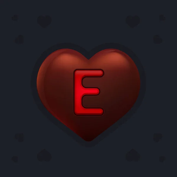 Realistisches Herz aus dunkler Schokolade mit dem Buchstaben E im Inneren. Valentinstag Dekorationselement für Design Banner, Karte oder Werbung — Stockvektor