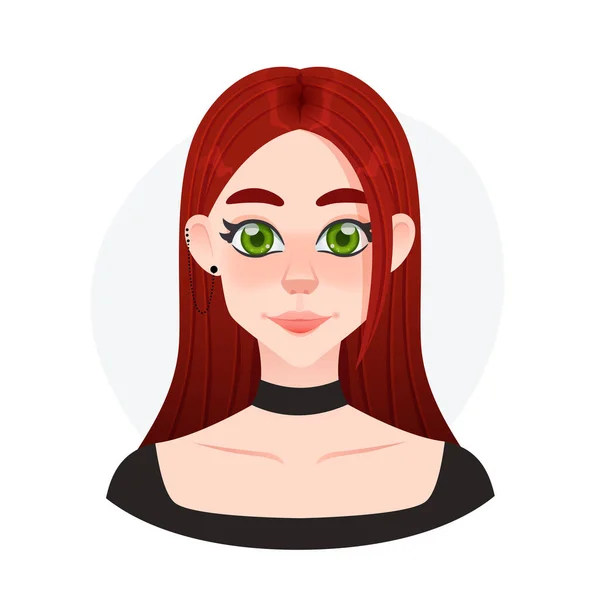 Κινούμενη γυναίκα άβαταρ. Νεαρό όμορφο κορίτσι με μακριά κόκκινα μαλλιά και λαιμό. Πανκ ροκ κυρία με μεγάλα πράσινα μάτια — Διανυσματικό Αρχείο