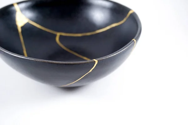 Gold Cracks Kintsugi Broken Black Repaired Bowl Japanese Technique — Zdjęcie stockowe