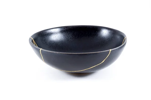 Gold Cracks Kintsugi Broken Black Repaired Bowl Japanese Technique — Stock Photo, Image