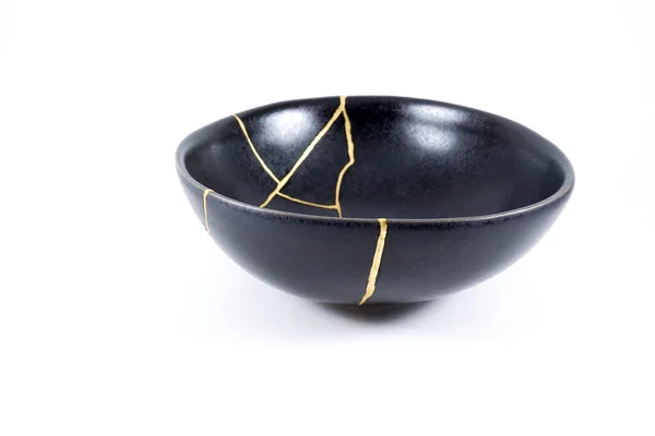 Gold Cracks Kintsugi Broken Black Repaired Bowl Japanese Technique — Stock Photo, Image