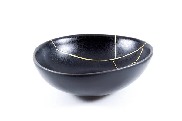 Gold Cracks Kintsugi Broken Black Repaired Bowl Japanese Technique — Stock Photo, Image