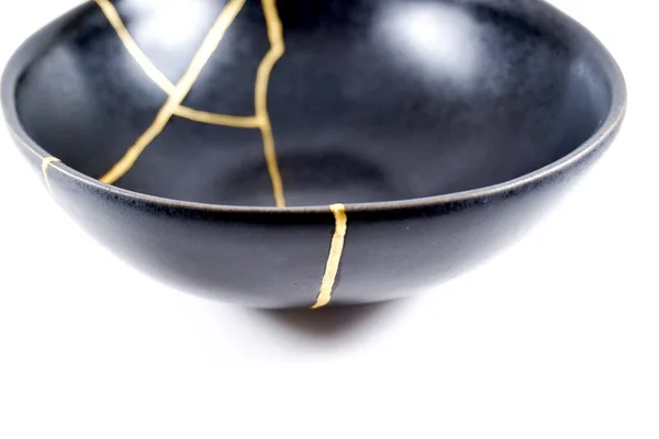 Gold Cracks Kintsugi Broken Black Repaired Bowl Japanese Technique — Stock Fotó