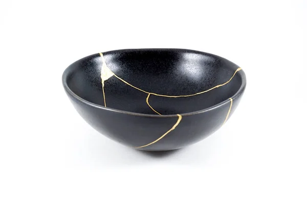 Gold Cracks Kintsugi Broken Black Repaired Bowl Japanese Technique Stockfoto