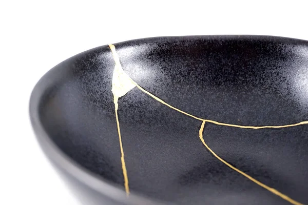 Gold Cracks Kintsugi Broken Black Repaired Bowl Japanese Technique Stockfoto