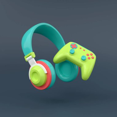 Kulaklık ve joystick koyu bir arka plan 3D resimde renkli..