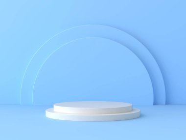 Arkaplan görüntüsü mavi ve beyaz nesneleri 3D ortadaki sahneye yerleştirmek için 2 kademeli bir aşama var..