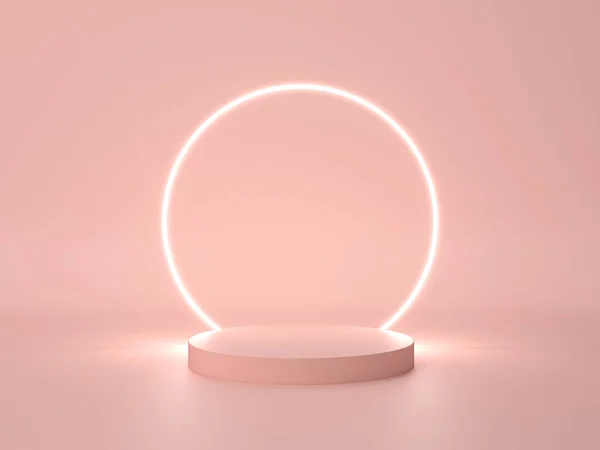 Pastel pembe ürün yerleştirme arkaplan resmi ortasında bir kaide ve daire çizgisi arka lambası var. 3B sahne.