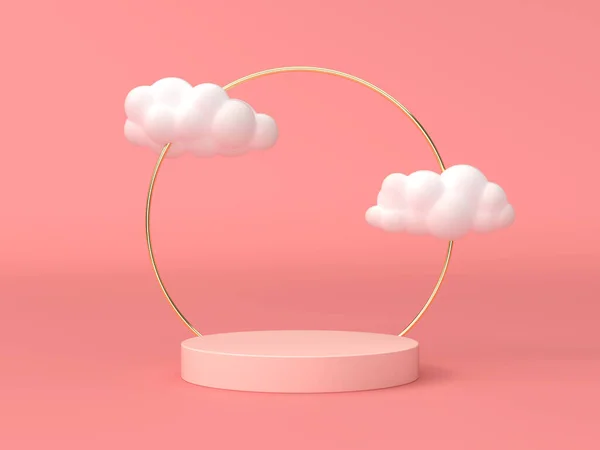 Pembe şeftali arkaplan resmi ürünlerinizi beyaz bulutlu ve altın daire çizgileri 3D sahneli zarif bir şekilde koymak için.