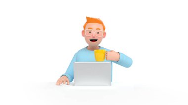 Dizüstü bilgisayarda oturmuş bir bardak suyla gülen bir yüzle çalışan bir adam. 3B Sahne.