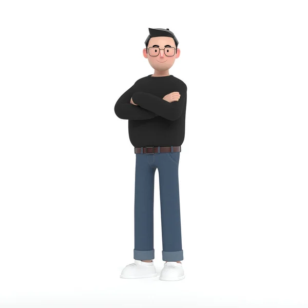 Young Creative Businessman Standing His Arms Crossed Black Sweater Jeans — 图库照片