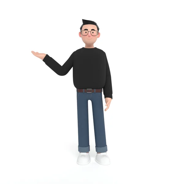 Young Creative Businessman Standing His Arms Crossed Black Sweater Pointing — Stockfoto