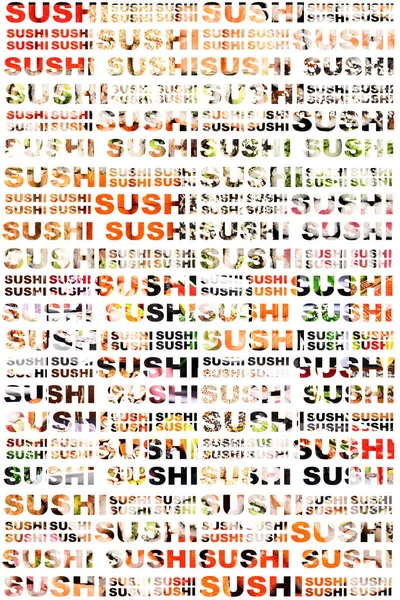 Colagem Com Sushi Texto Comida Sushi Rolos Diferentes Composições Segundo — Fotografia de Stock