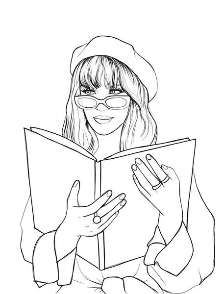 Mujer Hermosa Dibujada Mano Con Libro Mujer Moda Gafas Boina — Foto de Stock
