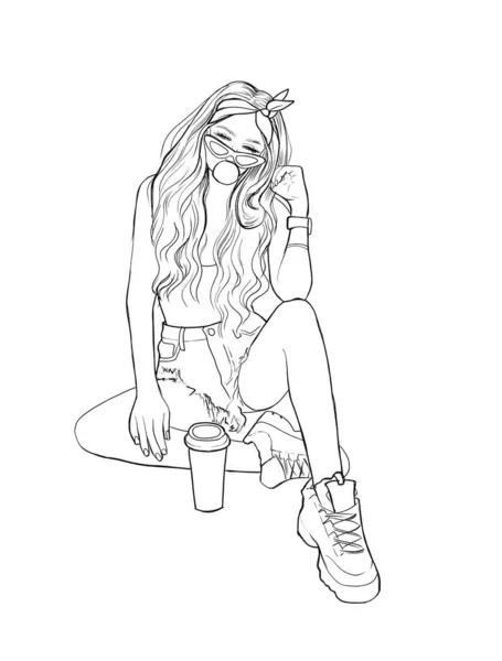 A girl with long wavy hair sits and inflates a bubble of chewing gum. Teenage girl wearing sunglasses, a tank top and short denim shorts. A cup of coffee is at your feet. The student. Sketch