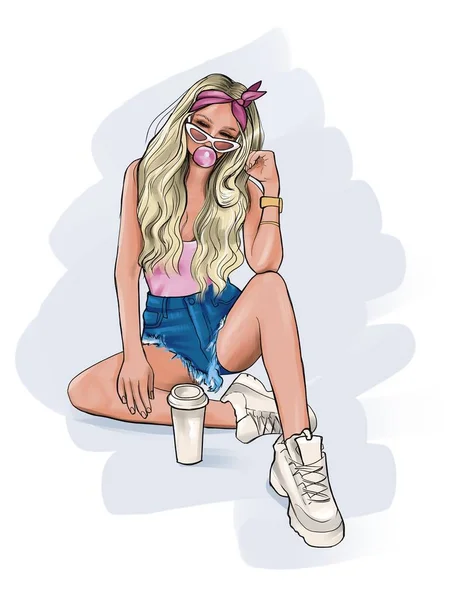A girl with long blonde wavy hair sits and inflates a bubble of chewing gum. Teenage girl wearing sunglasses, a tank top and short denim shorts. A cup of coffee is at your feet. The student. Sketch