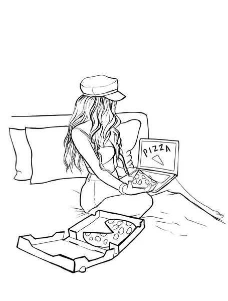 ブロンドの髪の美しい細い女の子はピザを食べ 大きなベッドの上に座って ラップトップでテレビ番組を見ています 隔離中に寝室にいた少女 イラスト ライフスタイル — ストック写真
