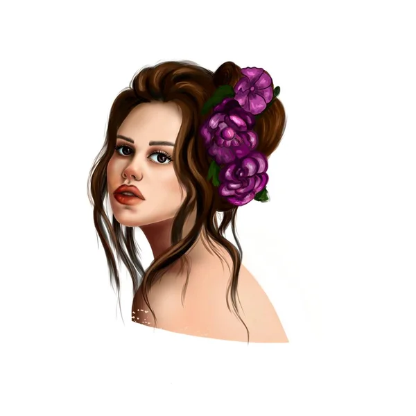 Gyönyörű Barna Hajjal Virágokkal Díszített Frizura Rózsák Hajában Romantikus Lány — Stock Fotó