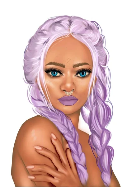 暗い肌の女の子 アフリカの特徴と色の髪 紫色の組紐 強く独立した少女を描いた肖像画 — ストック写真