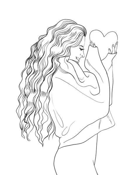 Молодая Девушка Длинными Вьющимися Волосами Держит Сердце Романтика Счастье Улыбка — стоковое фото