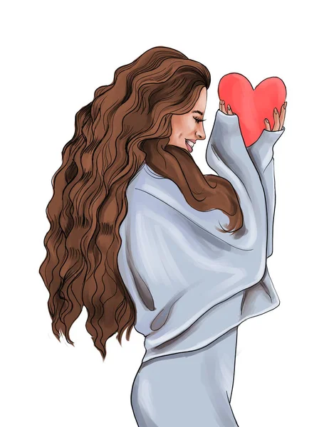Uzun Kıvırcık Saçlı Genç Bir Kız Kalp Taşıyor Romantizm Mutluluk — Stok fotoğraf
