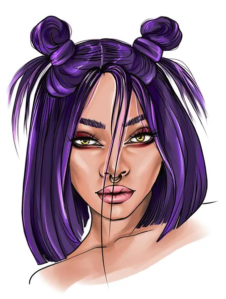 Portrait Beautiful Girl Fashion Make Purple Hair Hand Drawn Illustration — Stock Photo, Image