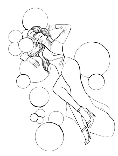 Girl Long Evening Dress Lies Surrounded Shining Disco Balls Woman — Stock Photo, Image