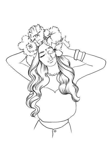 長い巻きブロンドの髪の美しい女の子 髪の毛の花 頭の上の花輪 ロマンス 優しさと夏の気分 イラスト — ストック写真