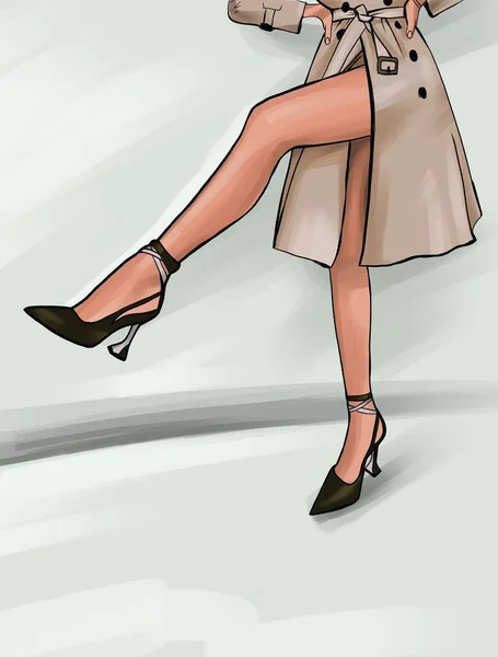 Női Láb Magas Sarkú Cipőben Szandál Mezítláb Lány Esőkabátban Illusztráció — Stock Fotó