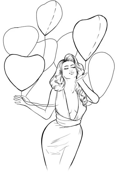 Woman Red Dress Holds Red Balloons Shape Hearts Her Hands — Foto Stock