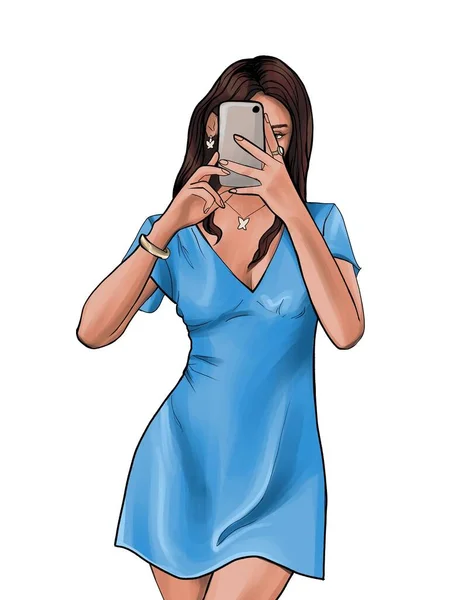 Una Chica Con Pelo Castaño Vestido Azul Toma Una Selfie —  Fotos de Stock