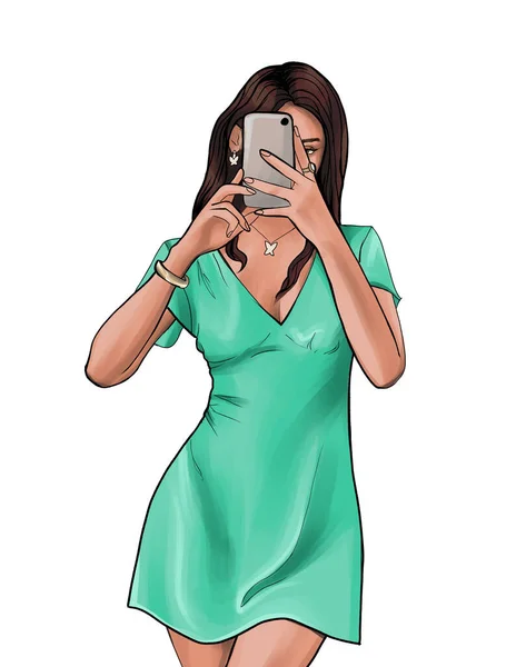 Girl Brown Hair Green Dress Takes Selfie Mirror Teenage Girl — Fotografia de Stock