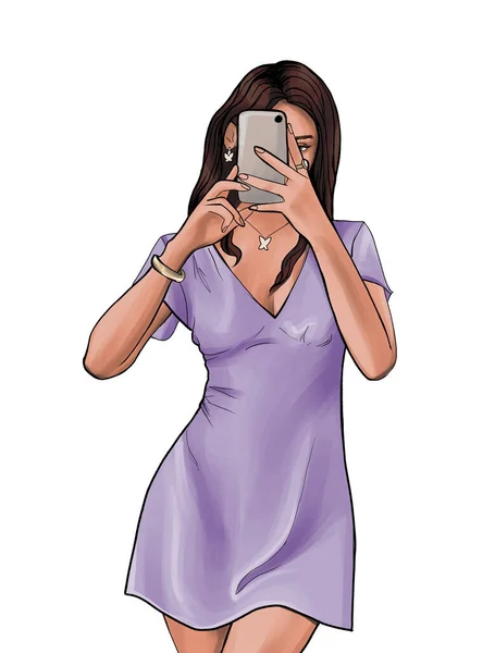Girl Brown Hair Purple Dress Takes Selfie Mirror Teenage Girl — Φωτογραφία Αρχείου