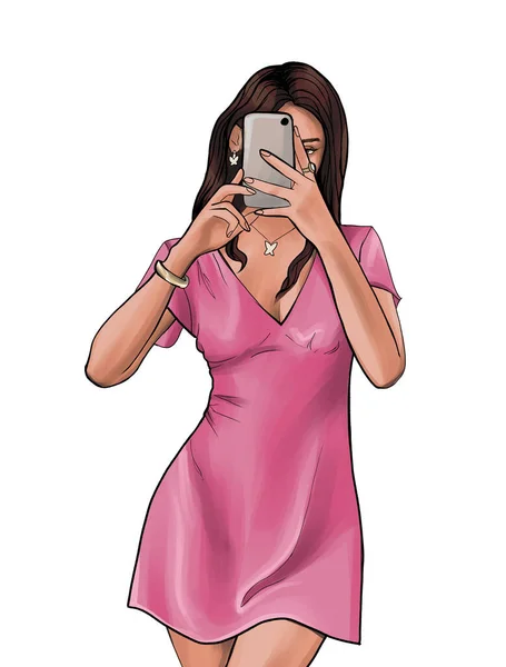 Girl Brown Hair Pink Dress Takes Selfie Mirror Teenage Girl — Stok fotoğraf