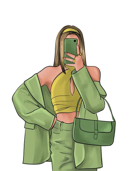 Young Girl Takes Selfie Mirror Girl Dressed Retro 80S Style — Stockfoto