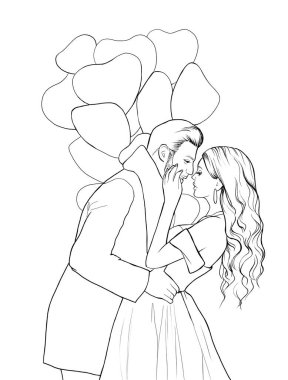 A girl with long hair in a dress. A man with hair in a classic suit. A woman in the arms of a man. People hug. Romantic illustration with lovers for Valentine's Day cards