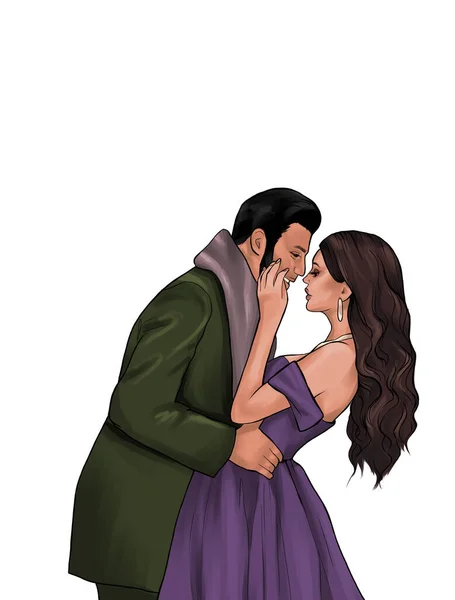 A girl with dark long hair in a purple dress. A man with dark hair in a classic suit. A woman in the arms of a man. People hug. Romantic illustration with lovers for Valentine\'s Day cards