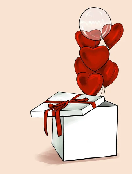 Balloons Shape Hearts Fly Out Gift Box Red Ribbon Illustration — Stok fotoğraf