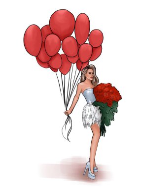 Sarışın ve bronz tenli bir kız ellerinde balonlar ve büyük bir buket kırmızı güller tutuyor. Kısa gece elbisesi ve yüksek topuklu ayakkabıları olan bir kadın. Doğum günü ya da Sevgililer Günü için bir illüstrasyon ya da başka bir tatil için