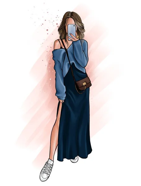 髪の長い長身の長身の女が鏡を通して自撮り スリットの長いスカートにセーターとスニーカーを着た若い女性 大学生だよ イラスト — ストック写真