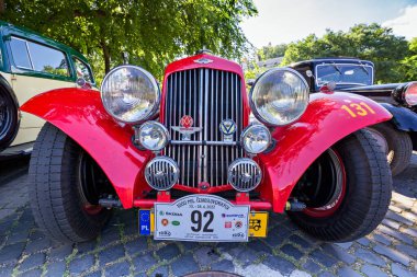 Vintage car, Aston-Martin 1938, exhibition in Bratislava, 1000 Czech-Slovakian miles, 2022, Slovakia.