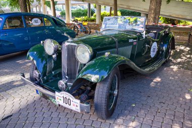 Vintage car, Jaguar SS 100 Tourer, year 1935, exhibition in Bratislava, 1000 Czech-Slovakian miles, 2022, Slovakia.