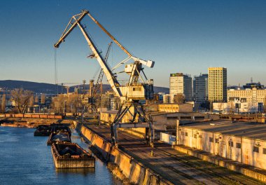 Winter port in Bratislava, loading of goods, Slovakia.