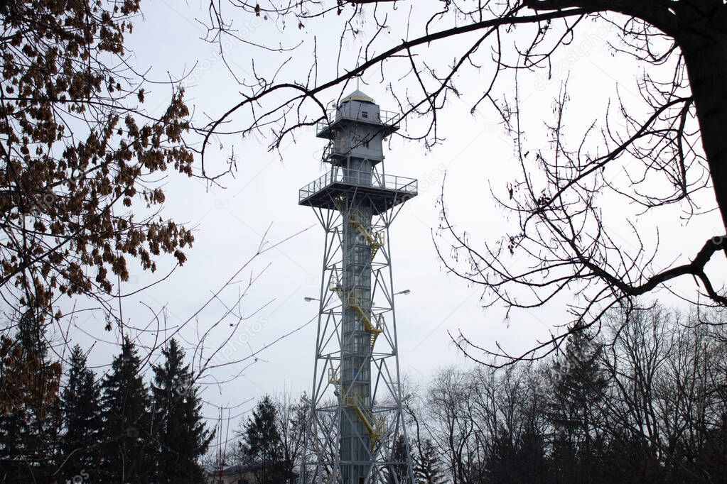 Parachute tower, dark rainy day, nature, sport