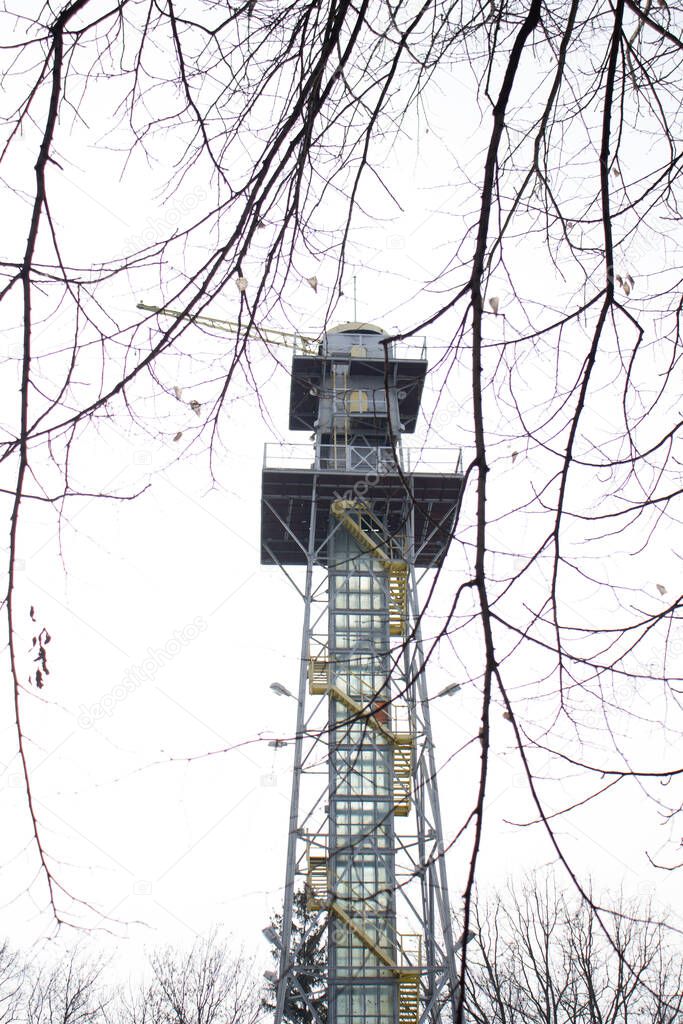 Parachute tower, dark rainy day, nature, sport