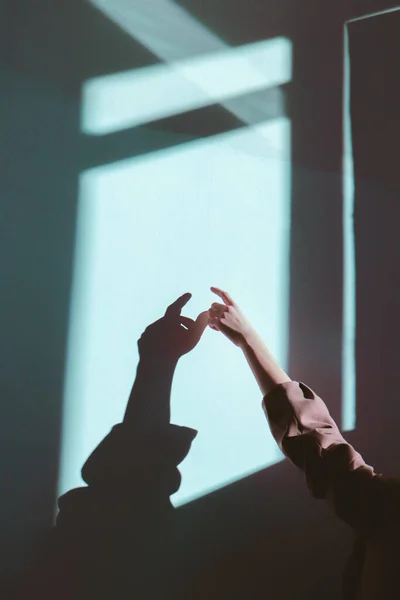 Female Hand Wall Shadow Reflected Form Geometry Touching — 스톡 사진